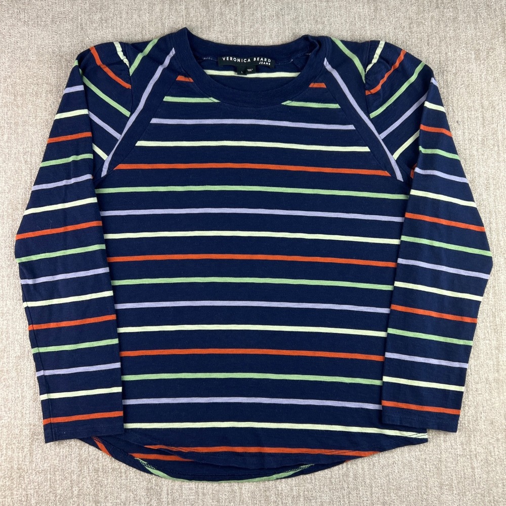 Veronica Beard Jeans Striped Long Sleeve Tee Womens Large Navy Puff Shoulder